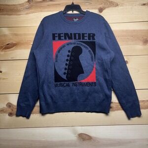 Fender Sweater Mens Large Blue Knit Crewneck Lucky Brand Guitar Graphic Music